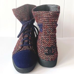 Authentic Chanel Multicolor Tweed Wrap Ankle Boot Size 41.5